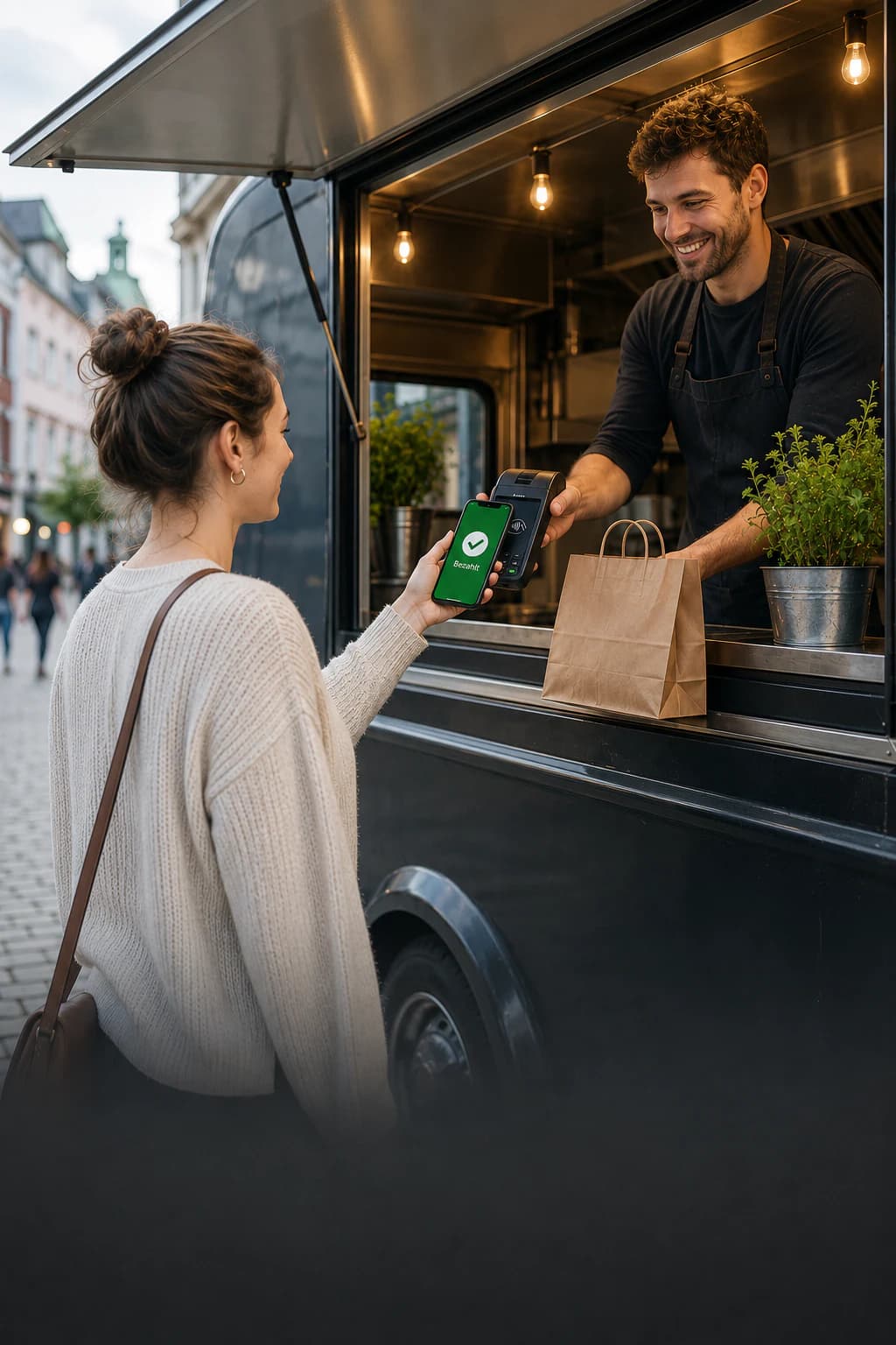 Gast bezahlt kontaktlos am Foodtruck mit Bringmal Pay
