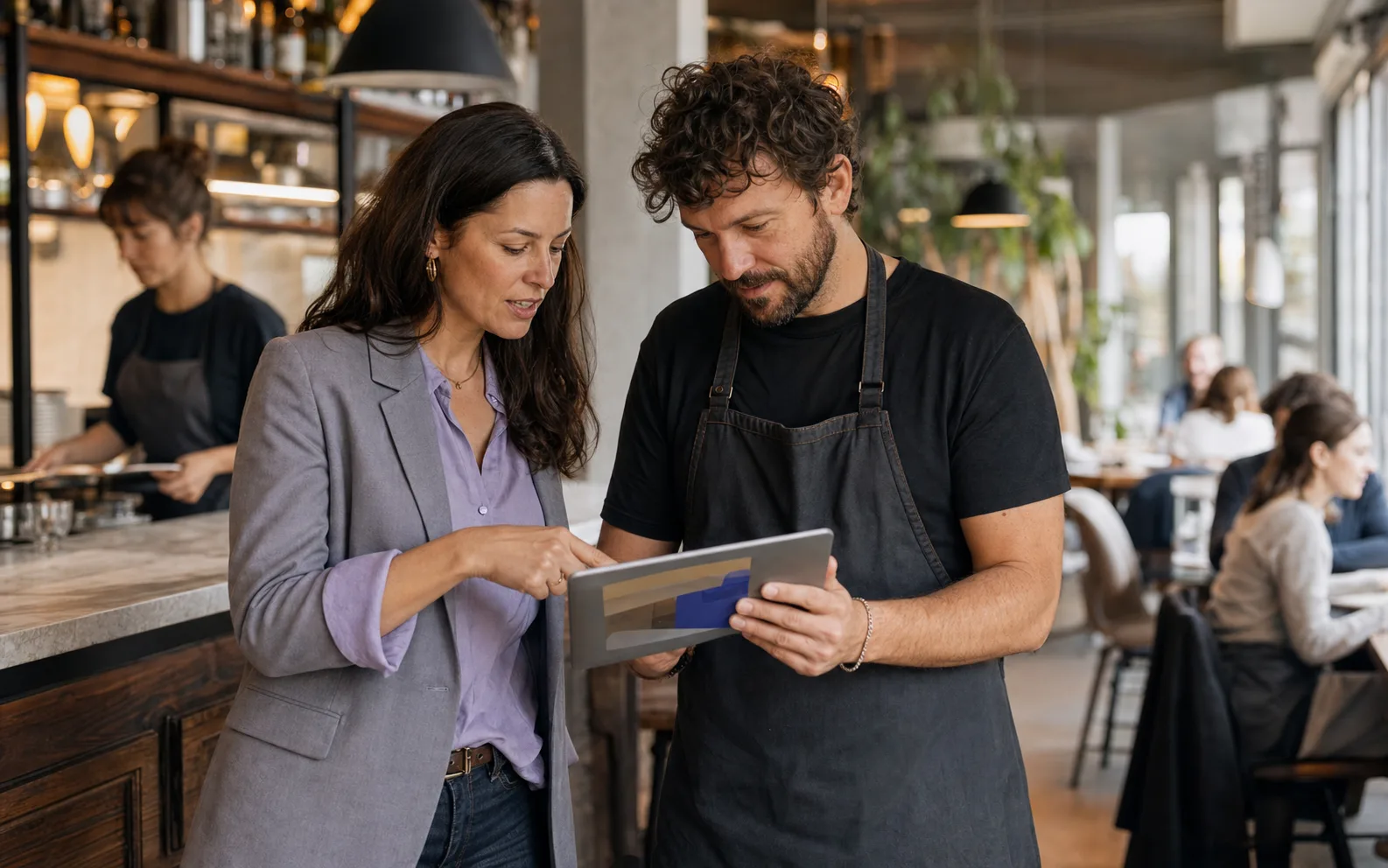 Gastro-Beraterin und Restaurantinhaber arbeiten im Restaurant gemeinsam an einer digitalen Lösung